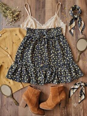 L Love Black Skirt With Dainty Yellow Flower Print And Micro Polka Dots